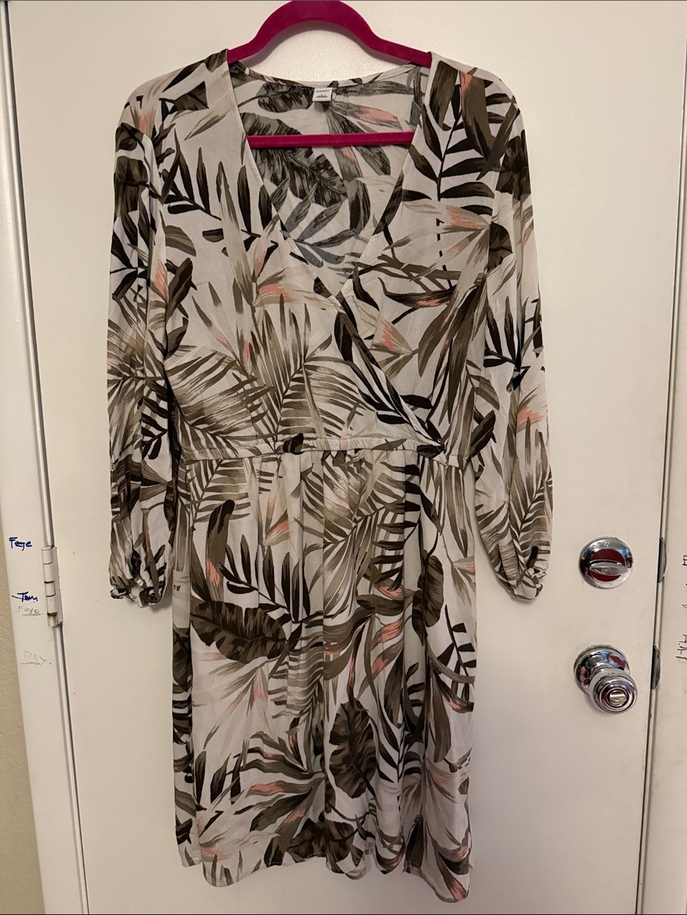 Old Navy Beige and Olive Leaf-Print Long Sleeve Dress